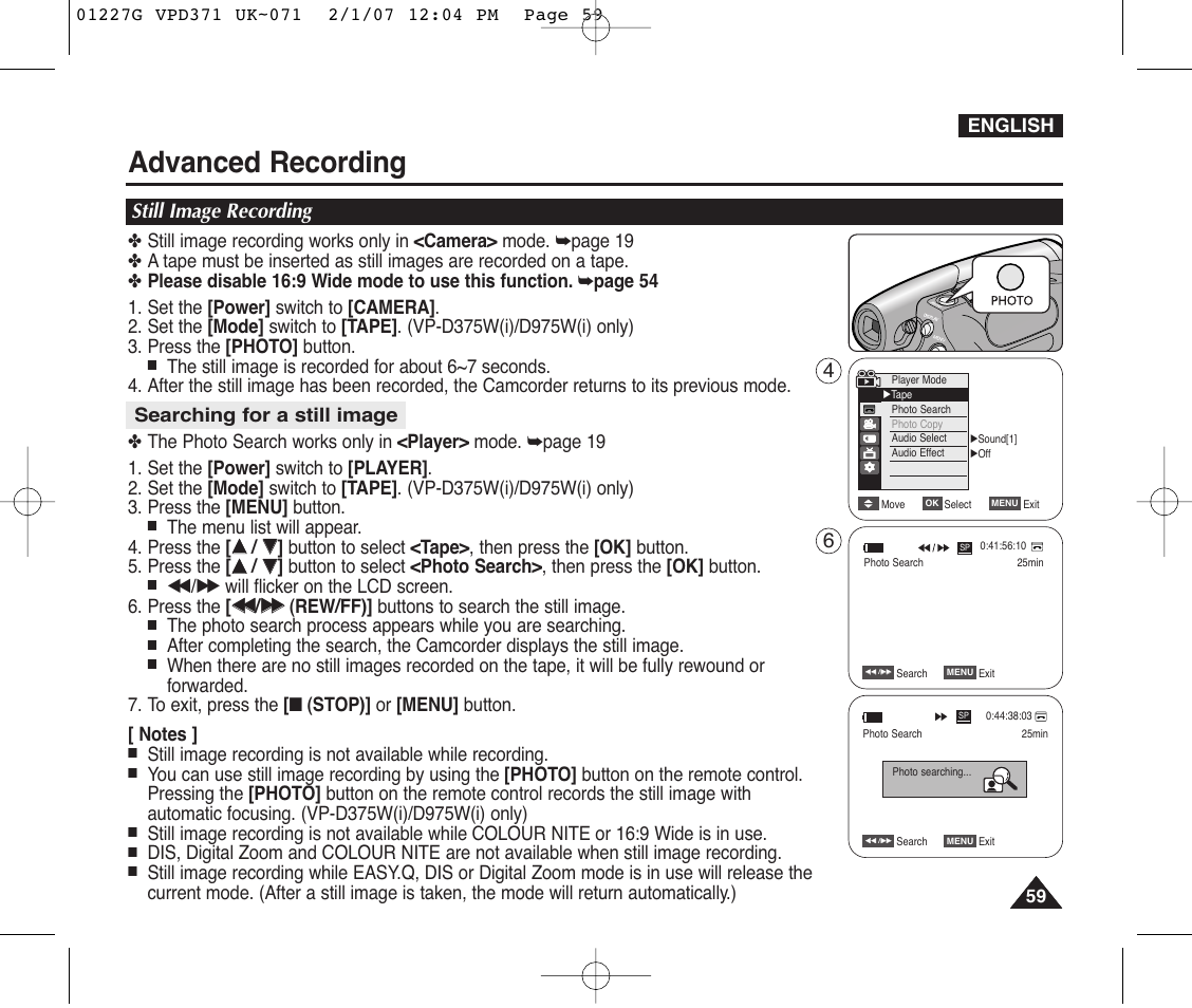 Still image recording, Searching for a still image, Advanced recording | English | Samsung D372WH(i) User Manual | Page 59 / 114