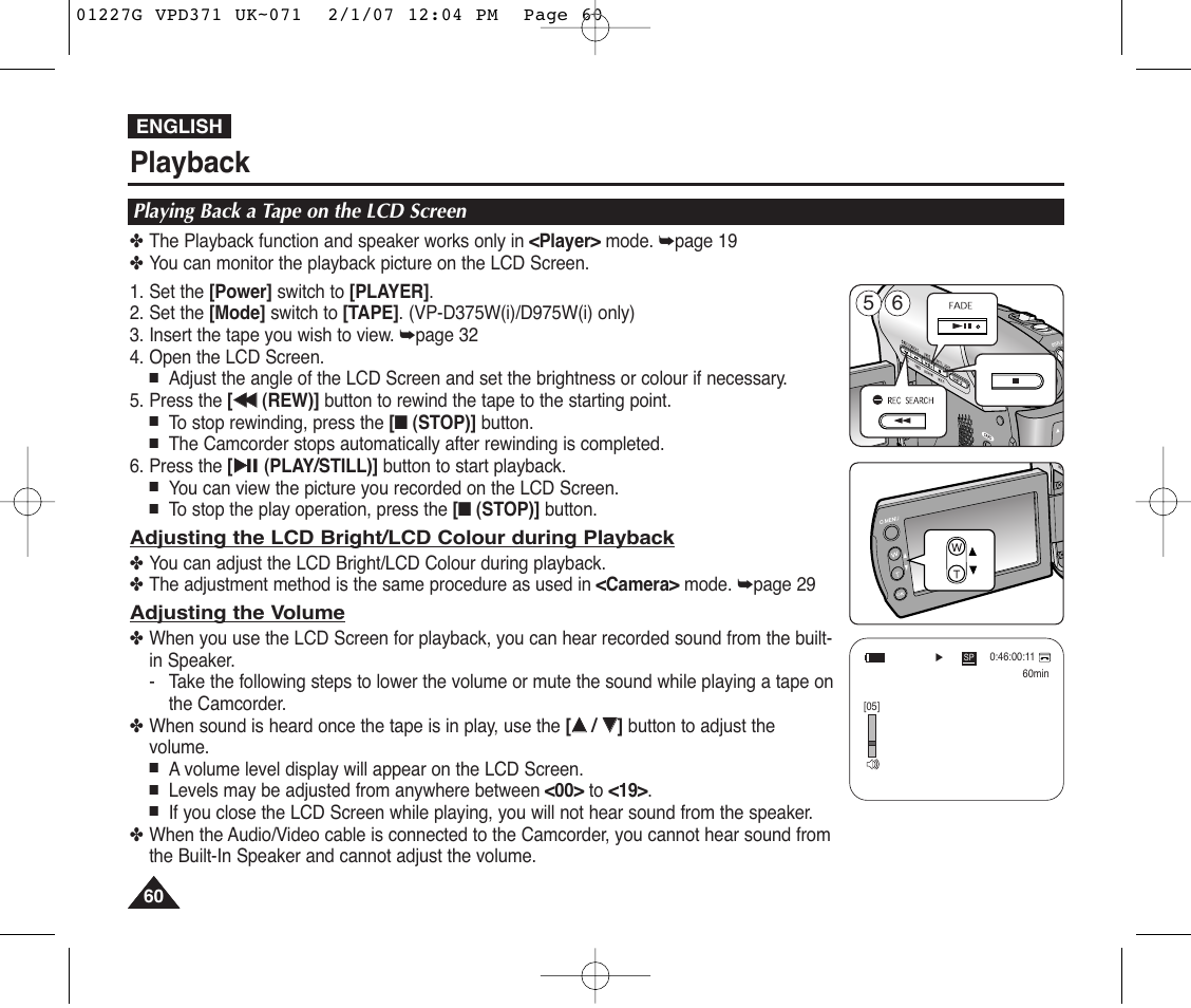 Playback, Playing back a tape on the lcd screen | Samsung D372WH(i) User Manual | Page 60 / 114