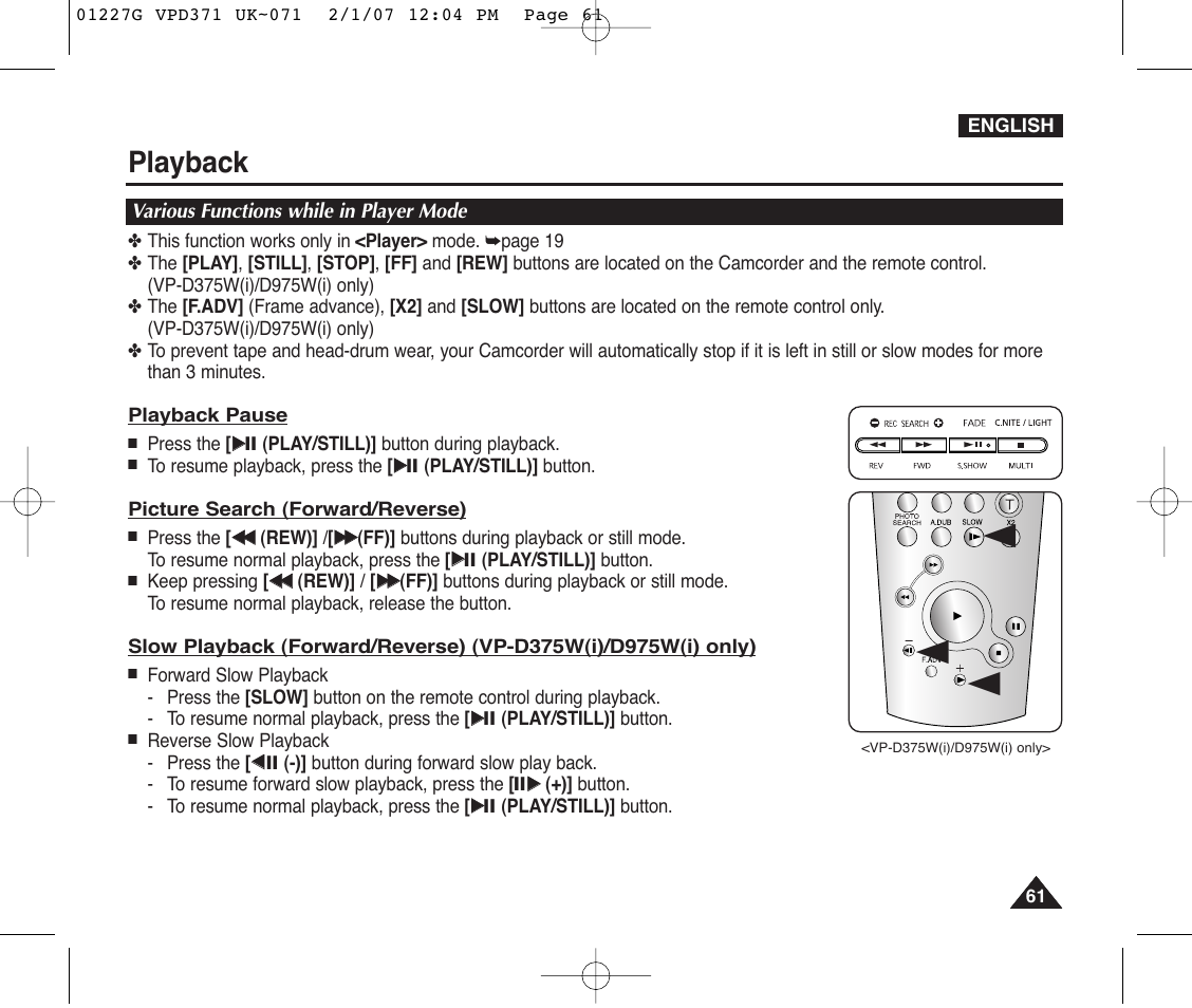 Various functions while in player mode, Playback | Samsung D372WH(i) User Manual | Page 61 / 114