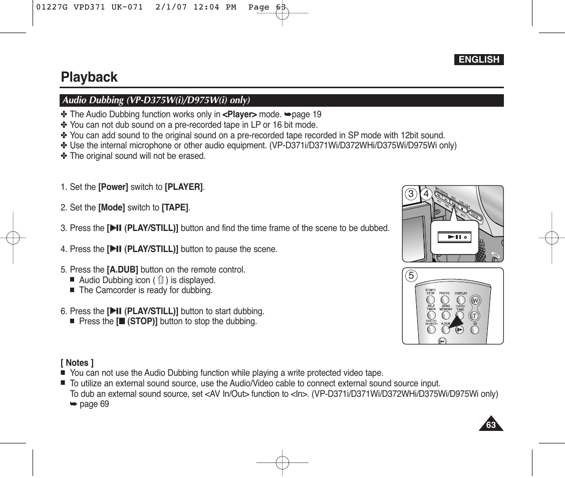 Audio dubbing (vp-d375w(i)/d975w(i) only), Playback | Samsung D372WH(i) User Manual | Page 63 / 114