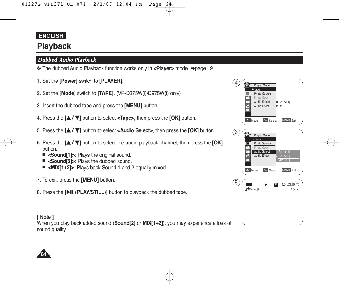 Dubbed audio playback, Playback | Samsung D372WH(i) User Manual | Page 64 / 114