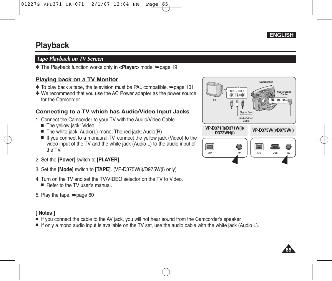 Tape playback on tv screen, Playback | Samsung D372WH(i) User Manual | Page 65 / 114