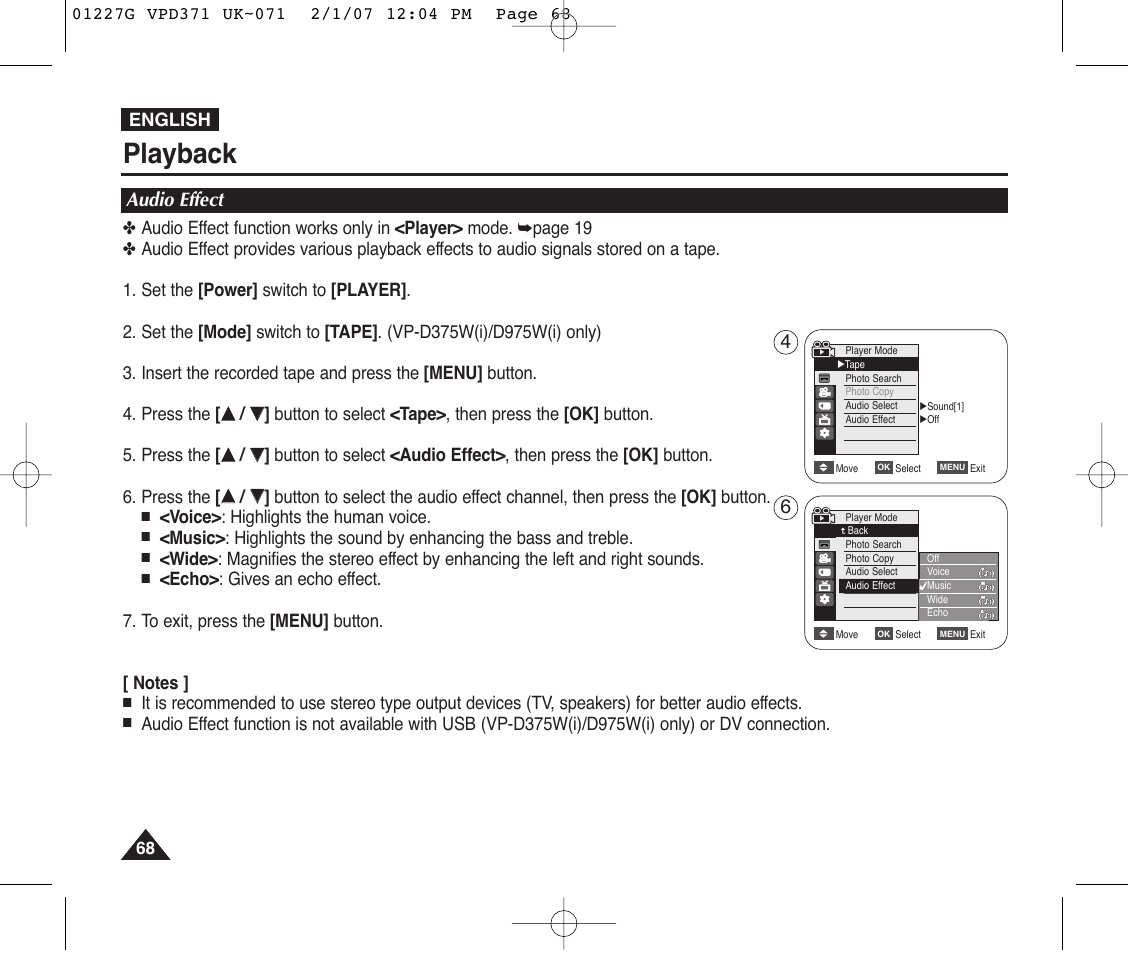 Audio effect, Playback, English | Voice> : highlights the human voice | Samsung D372WH(i) User Manual | Page 68 / 114