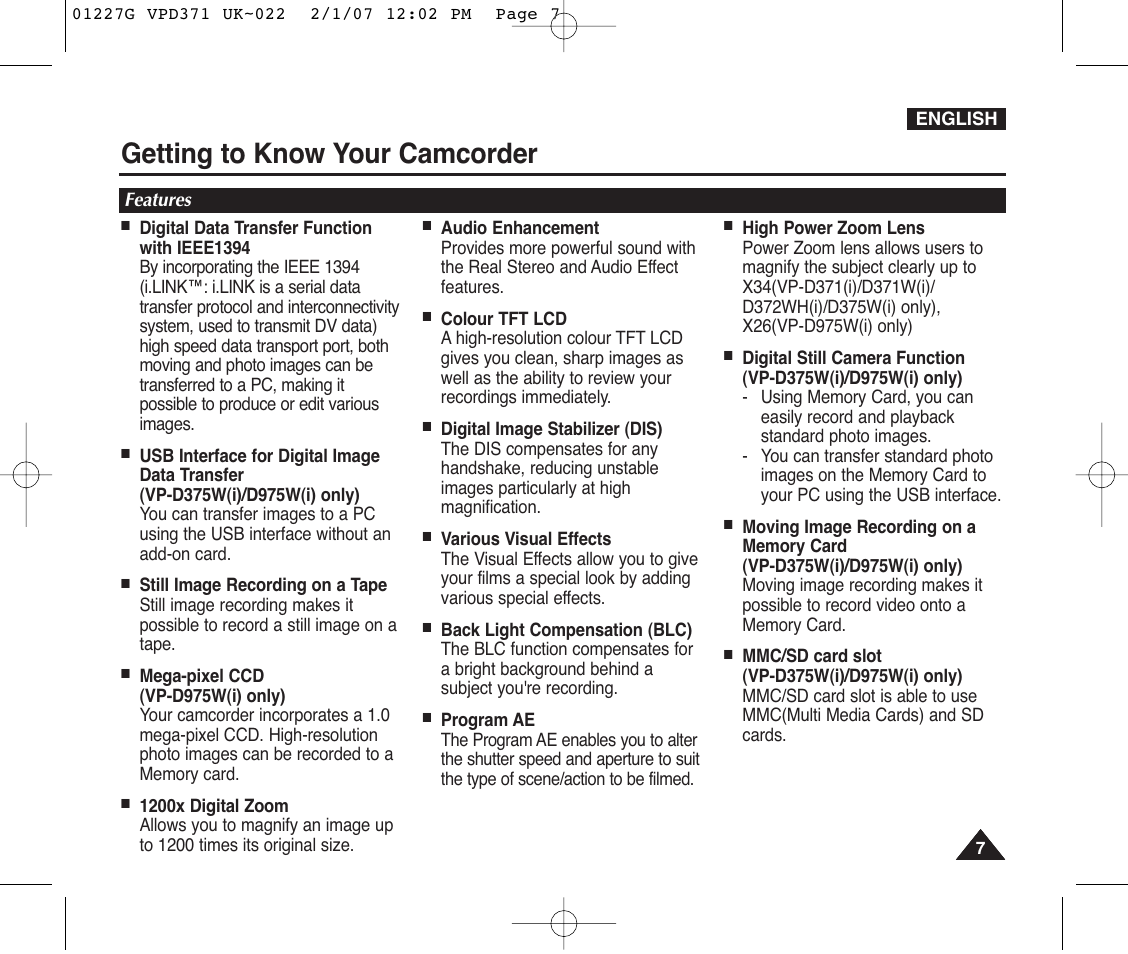 Getting to know your camcorder, Features | Samsung D372WH(i) User Manual | Page 7 / 114