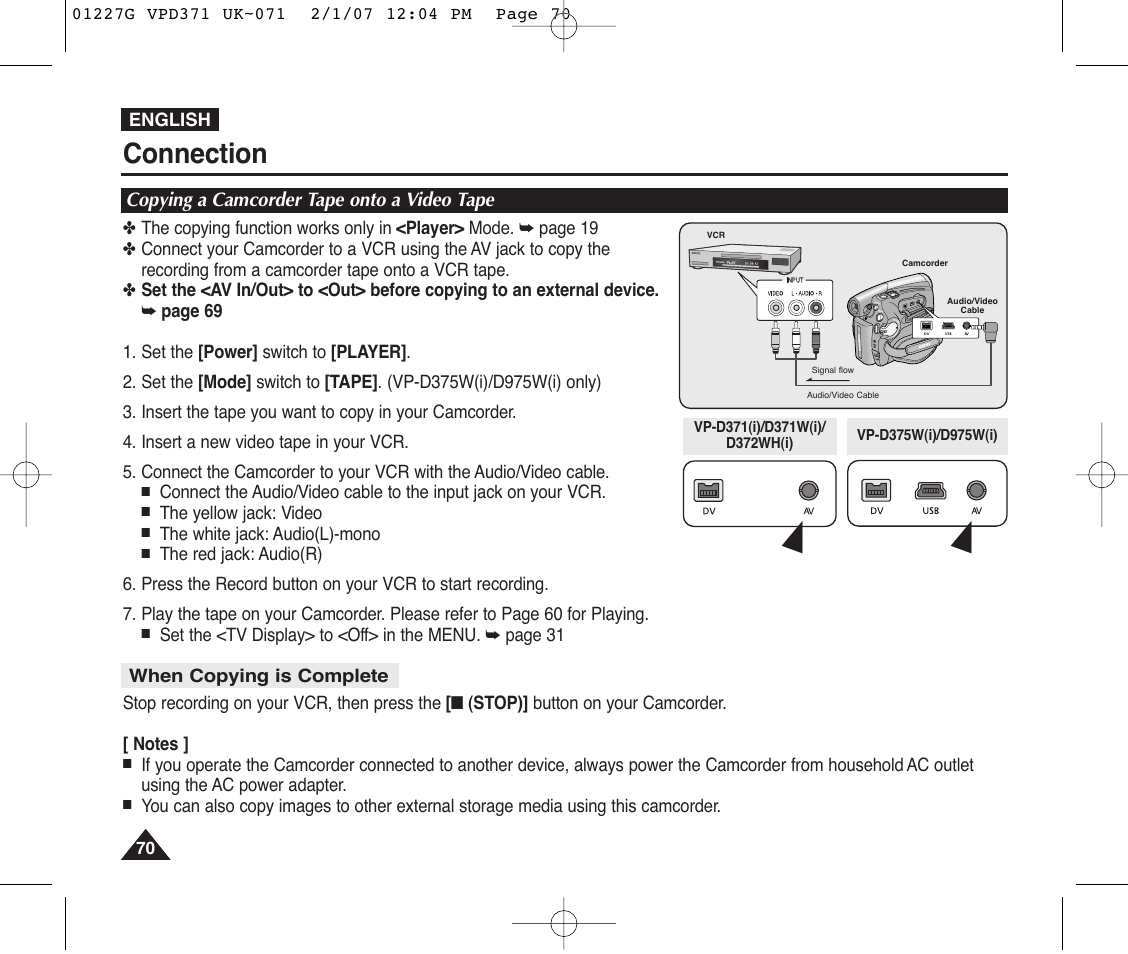 Connection, Copying a camcorder tape onto a video tape | Samsung D372WH(i) User Manual | Page 70 / 114