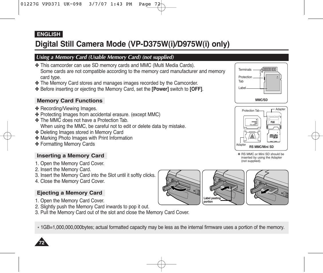 Memory card functions, Inserting a memory card, Ejecting a memory card | Samsung D372WH(i) User Manual | Page 72 / 114