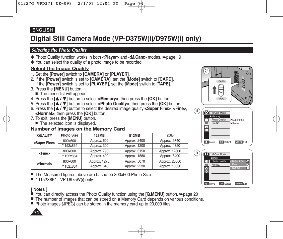 Selecting the photo quality | Samsung D372WH(i) User Manual | Page 74 / 114