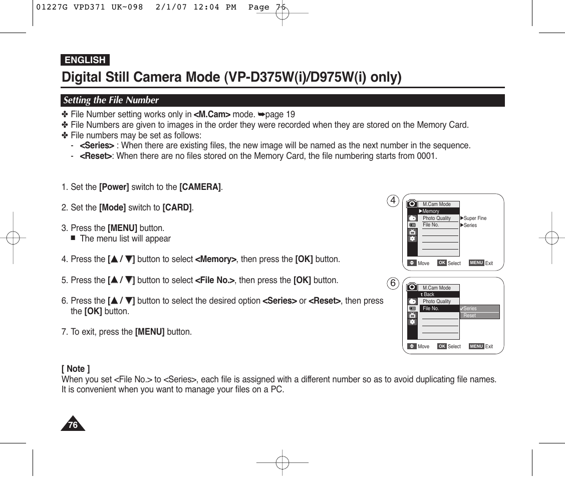 Setting the file number | Samsung D372WH(i) User Manual | Page 76 / 114