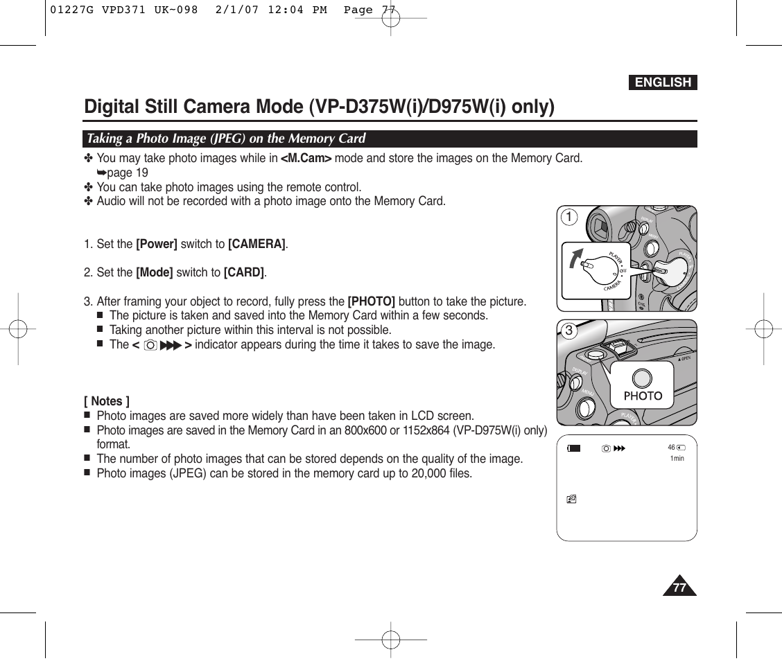 Taking a photo image (jpeg) on the memory card | Samsung D372WH(i) User Manual | Page 77 / 114