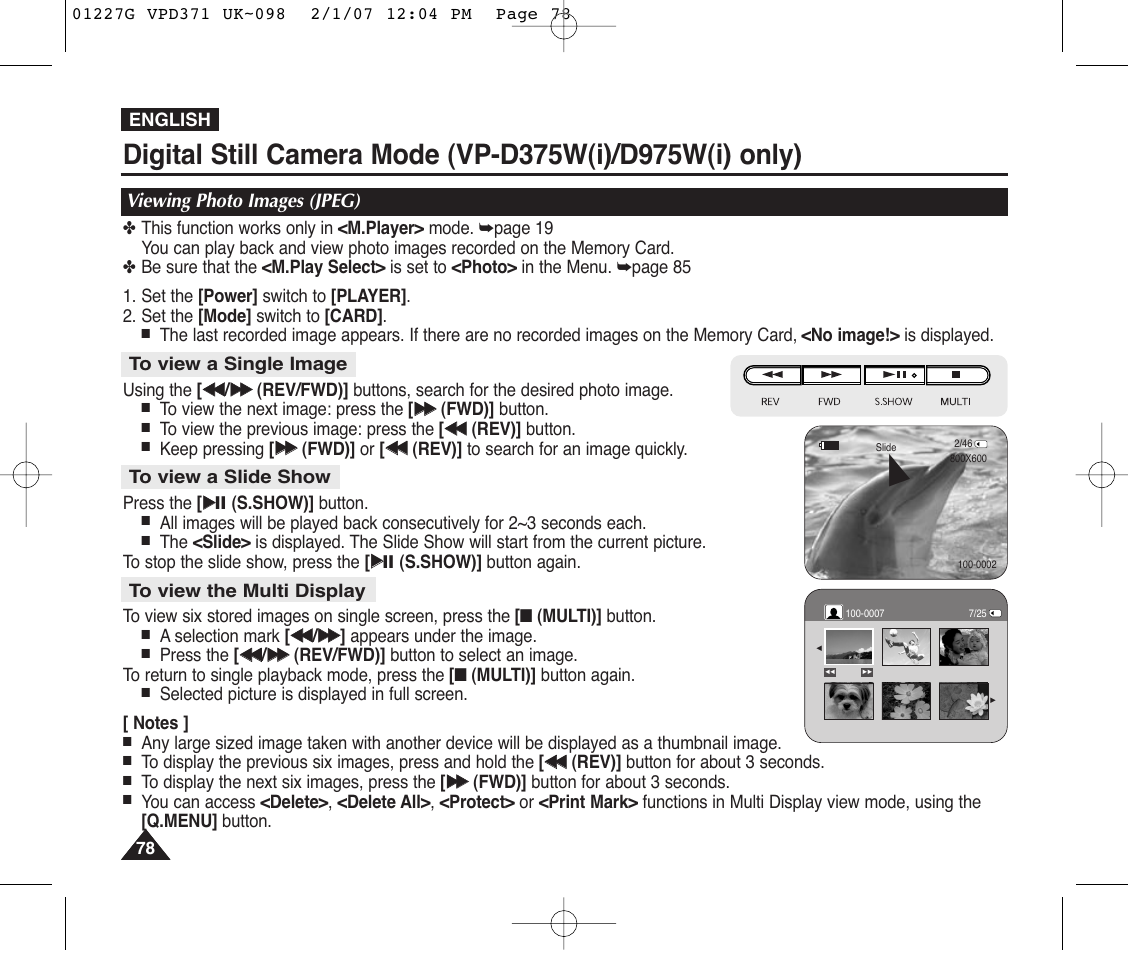 Viewing photo images (jpeg), T view a single image, T view a slide show | T view the multi display | Samsung D372WH(i) User Manual | Page 78 / 114