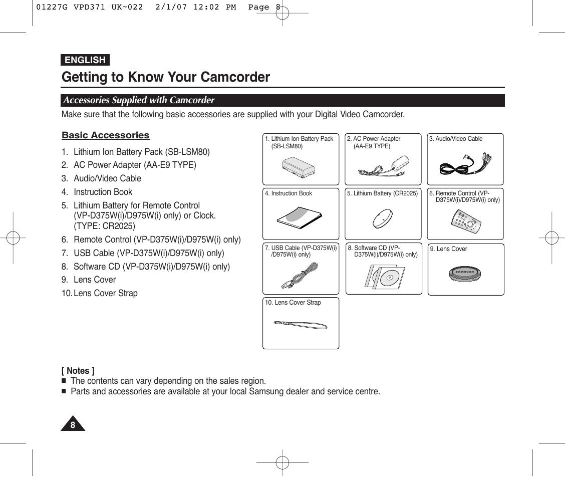 Accessories supplied with camcorder, Getting to know your camcorder | Samsung D372WH(i) User Manual | Page 8 / 114