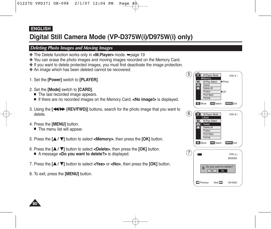 Deleting photo images and moving images | Samsung D372WH(i) User Manual | Page 80 / 114