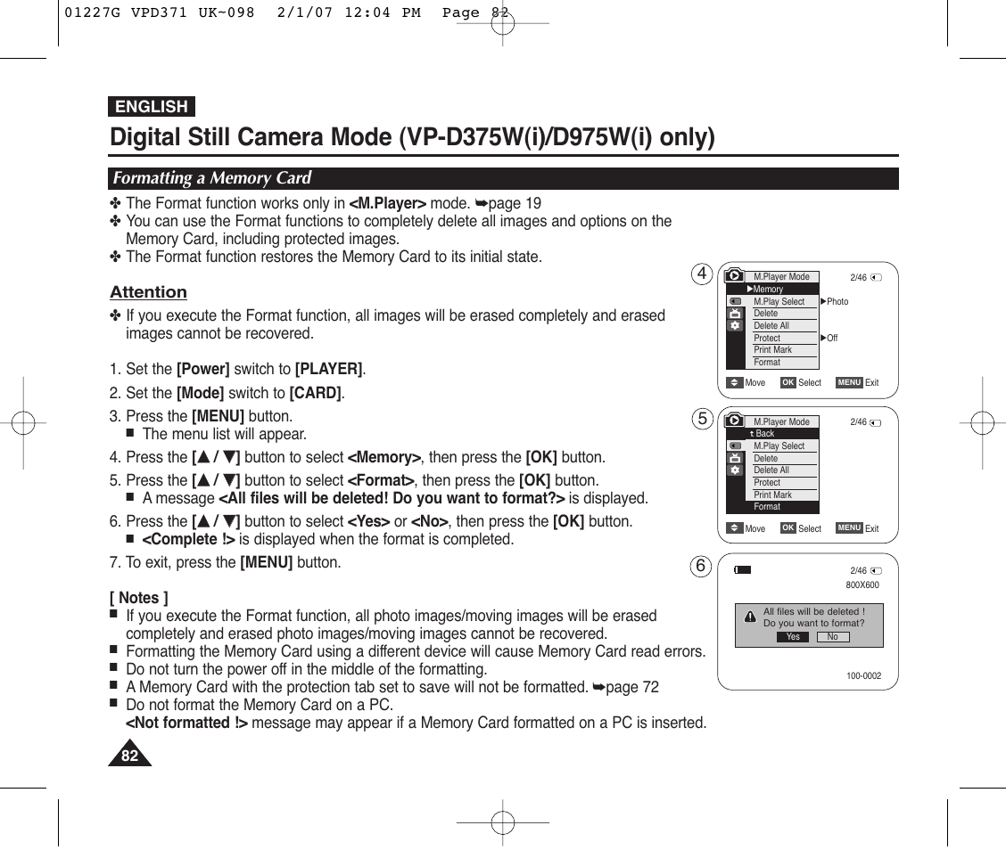 Formatting a memory card | Samsung D372WH(i) User Manual | Page 82 / 114