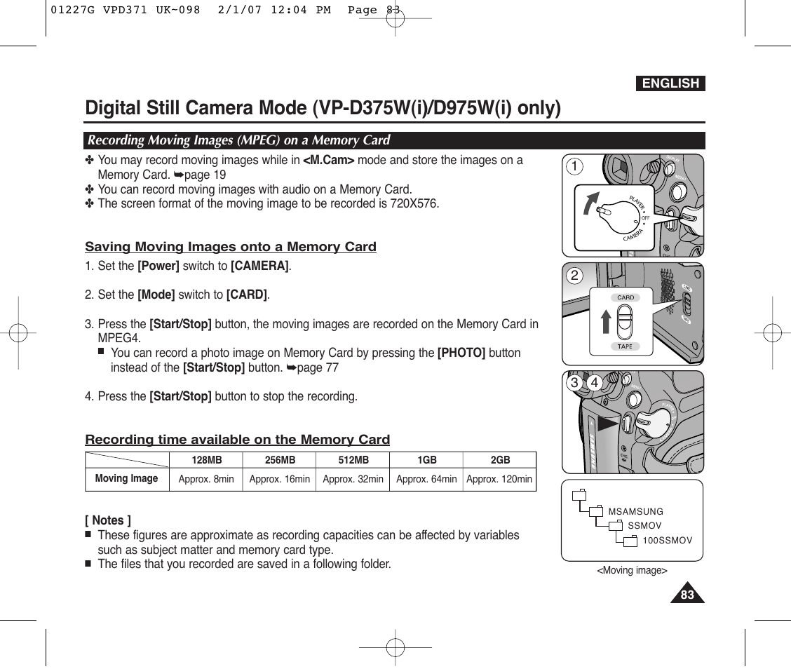 Recording moving images (mpeg) on a memory card | Samsung D372WH(i) User Manual | Page 83 / 114