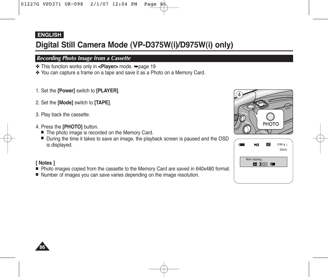 Recording photo image from a cassette | Samsung D372WH(i) User Manual | Page 86 / 114