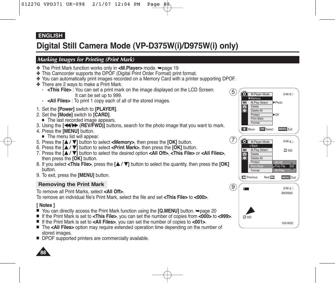 Marking images for printing (print mark), Removing the print mark | Samsung D372WH(i) User Manual | Page 88 / 114