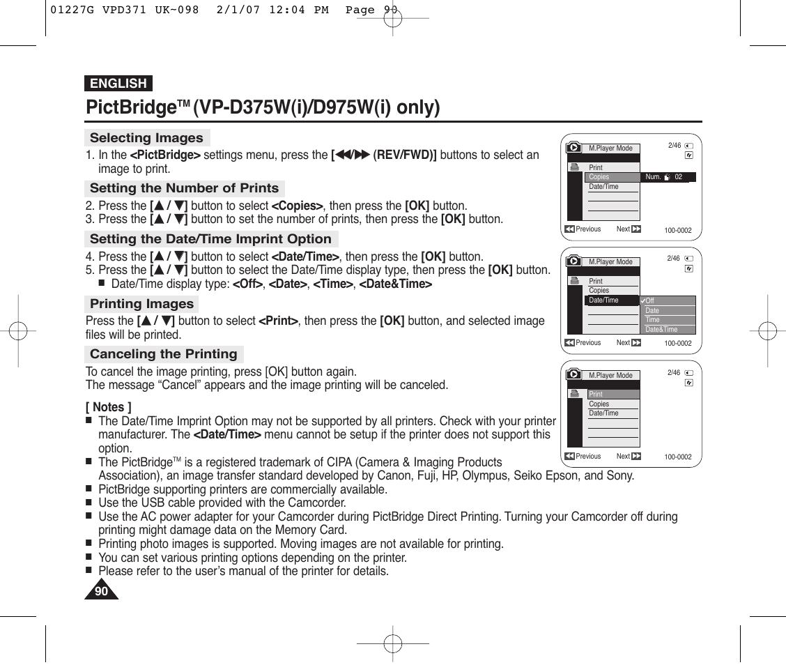 Selecting images, Setting the number of prints, Setting the date/time imprint option | Printing images, Canceling the printing, Pictbridge | Samsung D372WH(i) User Manual | Page 90 / 114