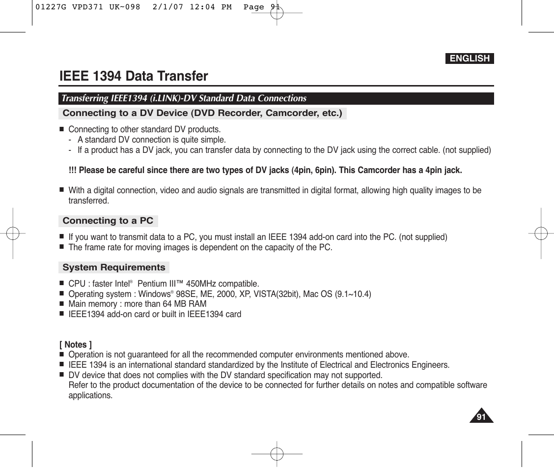 Ieee 1394 data transfer, Connecting to a pc, System requirements | Samsung D372WH(i) User Manual | Page 91 / 114