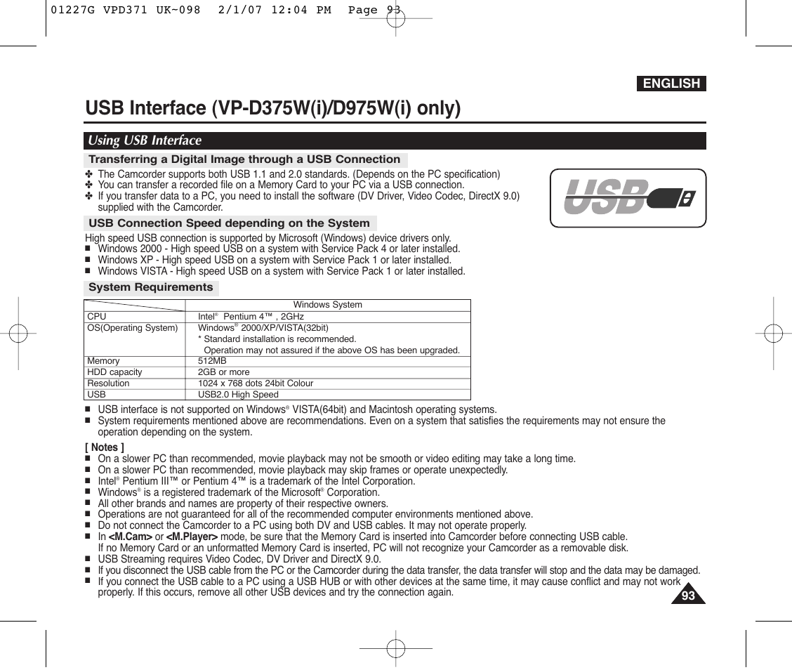 Usb interface (vp-d375w(i)/d975w(i)only), Using usb interface, Usb connection speed depending on the system | System requirements, English | Samsung D372WH(i) User Manual | Page 93 / 114