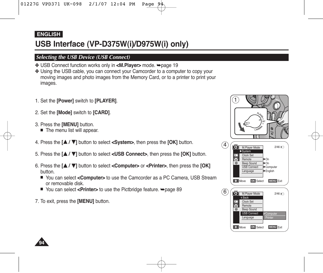 Selecting the usb device (usb connect), Selecting the usb device (usb connect) 1 | Samsung D372WH(i) User Manual | Page 94 / 114