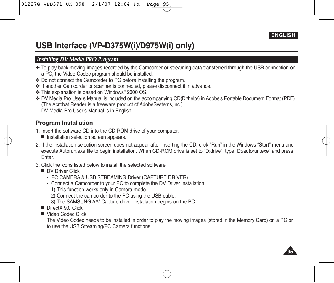 Installing dv media pro program | Samsung D372WH(i) User Manual | Page 95 / 114