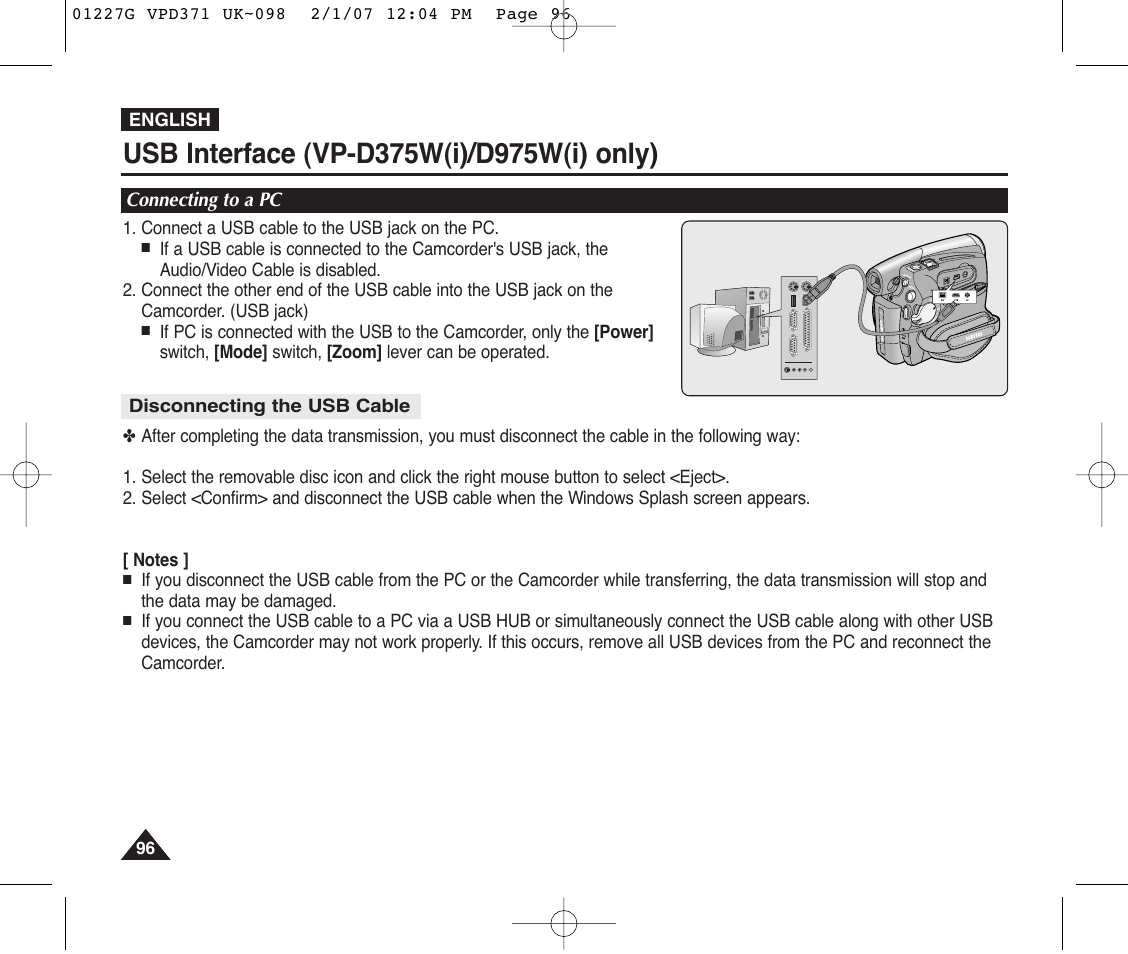 Connecting to a pc, Disconnecting the usb cable | Samsung D372WH(i) User Manual | Page 96 / 114