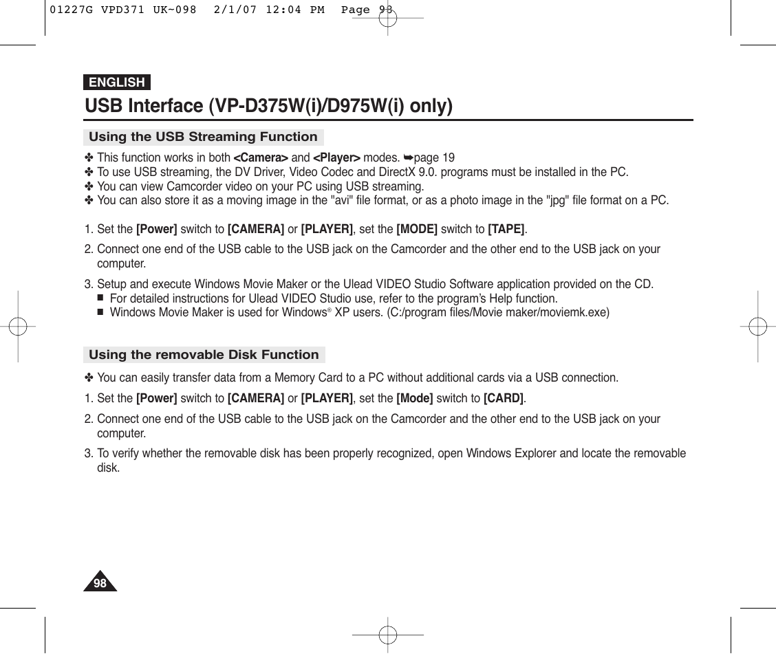 Using the usb streaming function, Using the removable disk function | Samsung D372WH(i) User Manual | Page 98 / 114