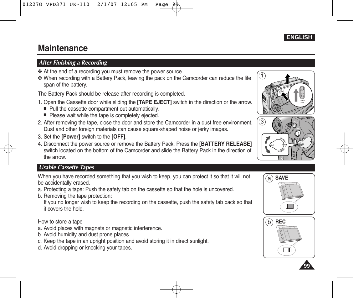 Maintenance, After finishing a recording, Usable cassette tapes | Samsung D372WH(i) User Manual | Page 99 / 114