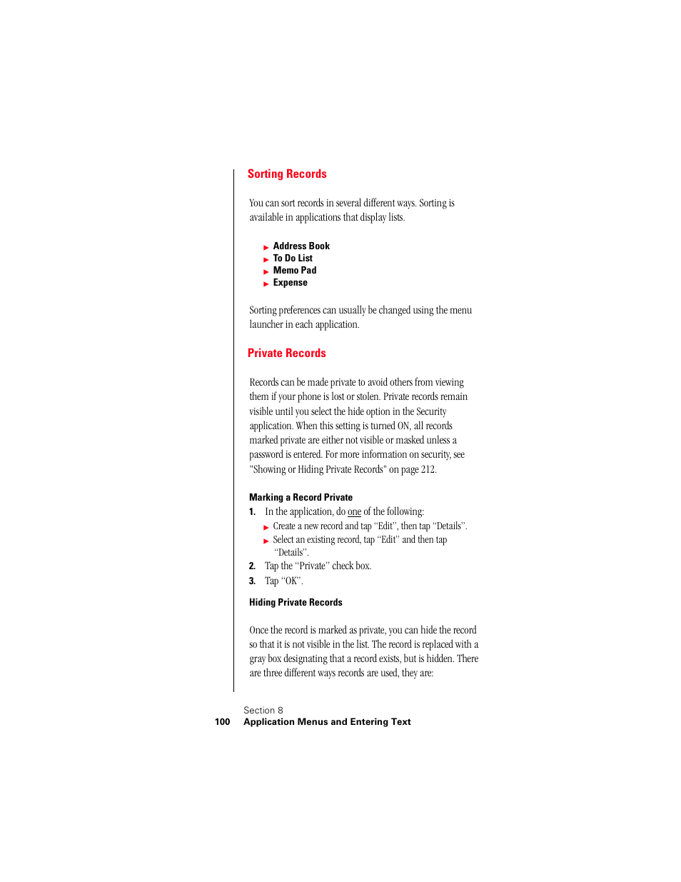 Sorting records, Private records, Marking a record private | Hiding private records | Samsung 010505D5 User Manual | Page 103 / 307