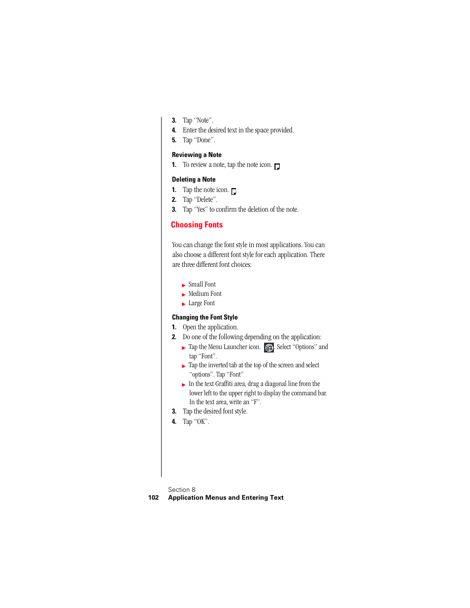 Reviewing a note, Deleting a note, Choosing fonts | Changing the font style | Samsung 010505D5 User Manual | Page 105 / 307