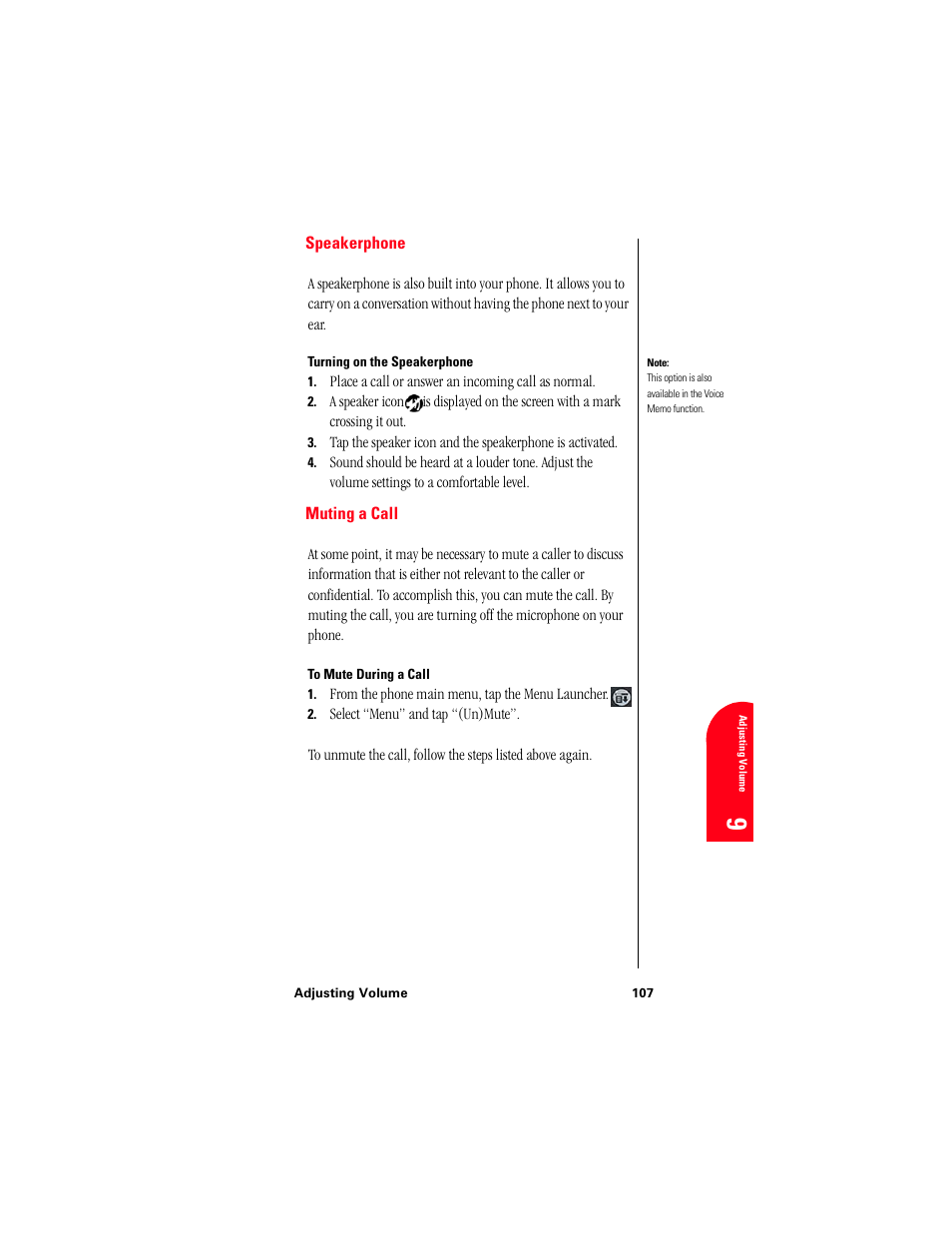 Speakerphone, Turning on the speakerphone, Muting a call | To mute during a call, Ad 9 | Samsung 010505D5 User Manual | Page 110 / 307