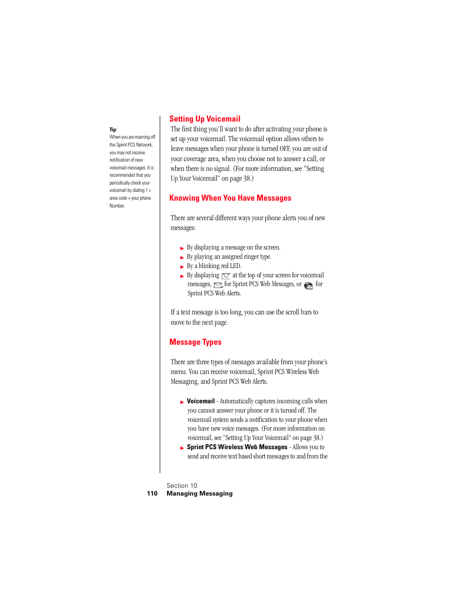 Setting up voicemail, Knowing when you have messages, Message types | Samsung 010505D5 User Manual | Page 113 / 307