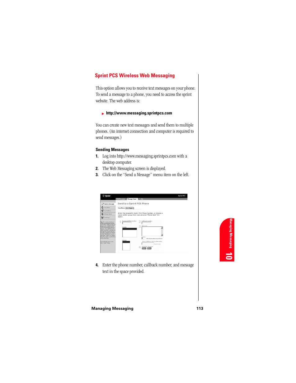 Sprint pcs wireless web messaging, Sending messages | Samsung 010505D5 User Manual | Page 116 / 307