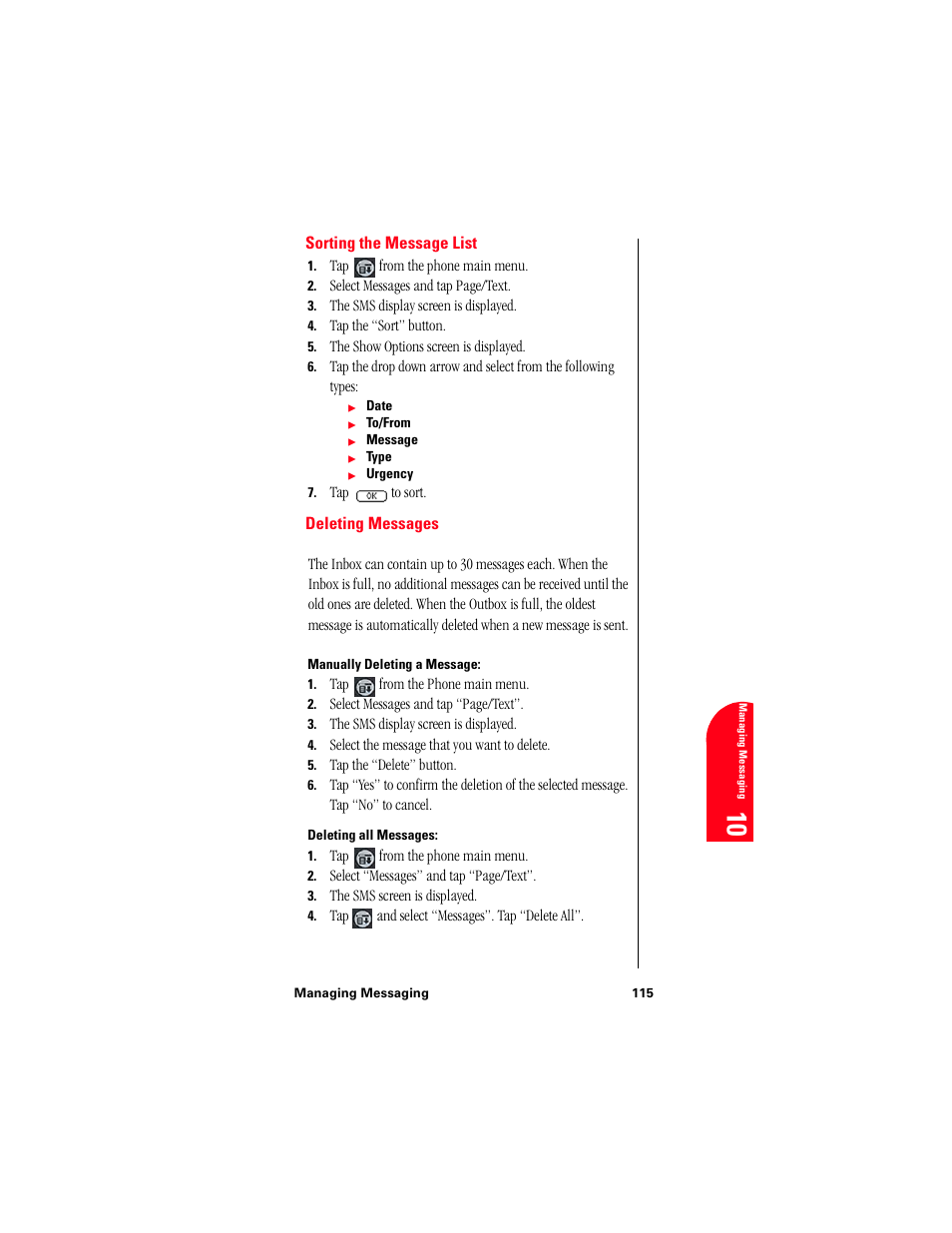 Sorting the message list, Deleting messages, Manually deleting a message | Deleting all messages | Samsung 010505D5 User Manual | Page 118 / 307