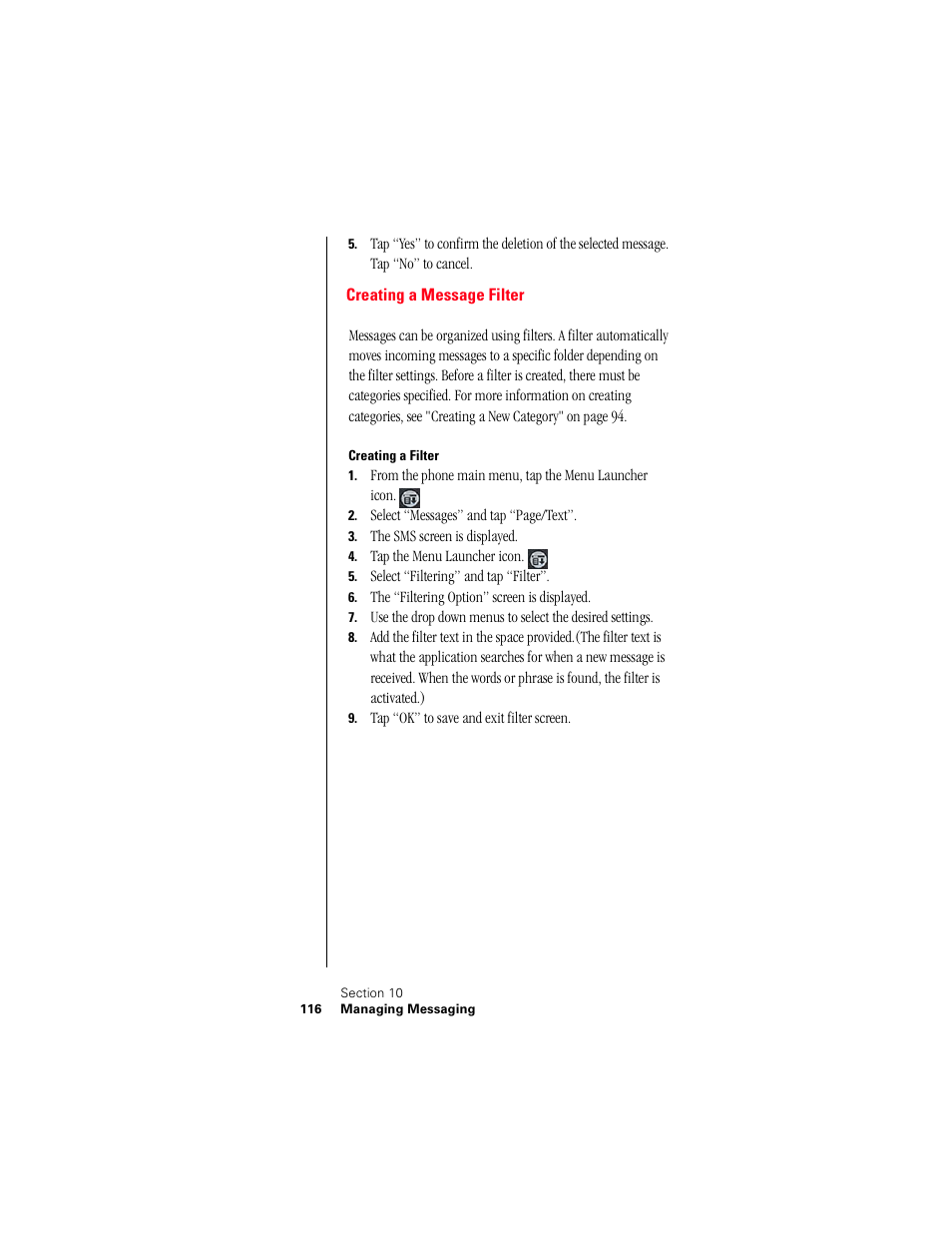 Creating a message filter, Creating a filter | Samsung 010505D5 User Manual | Page 119 / 307