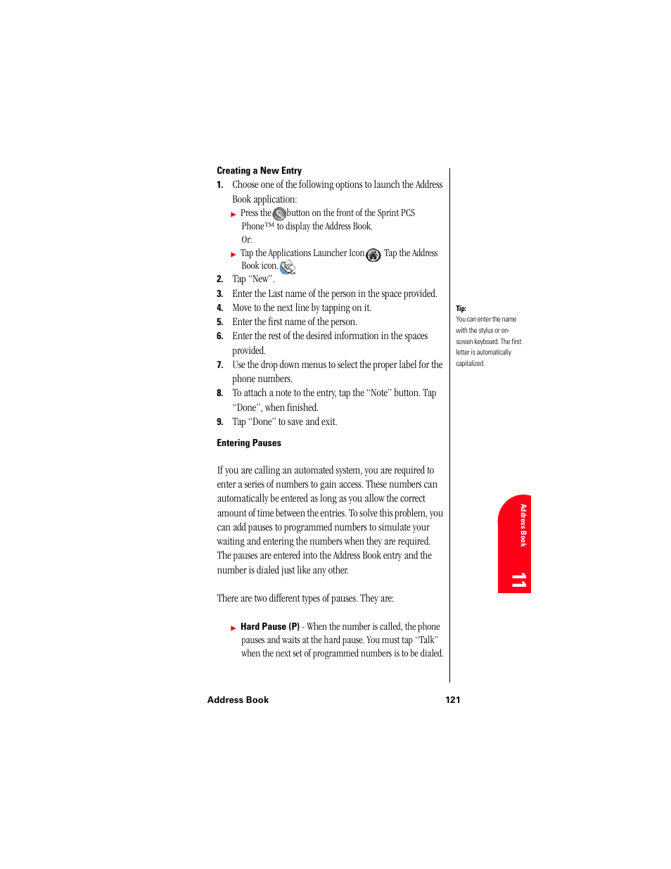 Creating a new entry, Entering pauses, Ad 11 | Samsung 010505D5 User Manual | Page 124 / 307