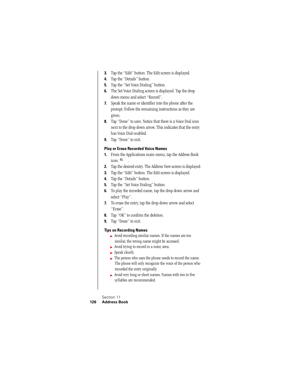 Play or erase recorded voice names, Tips on recording names | Samsung 010505D5 User Manual | Page 129 / 307