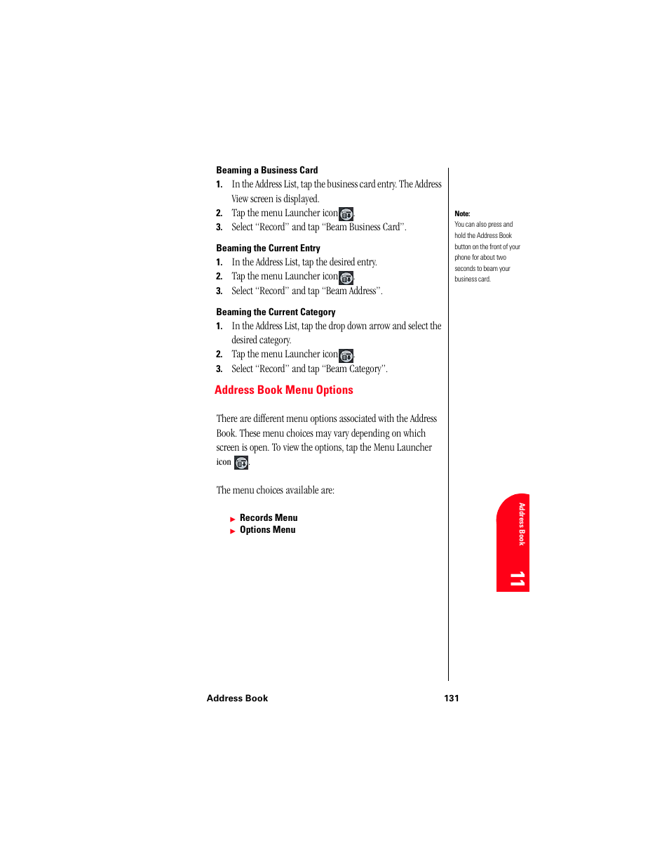 Beaming a business card, Beaming the current entry, Beaming the current category | Address book menu options, Ad 11 | Samsung 010505D5 User Manual | Page 134 / 307