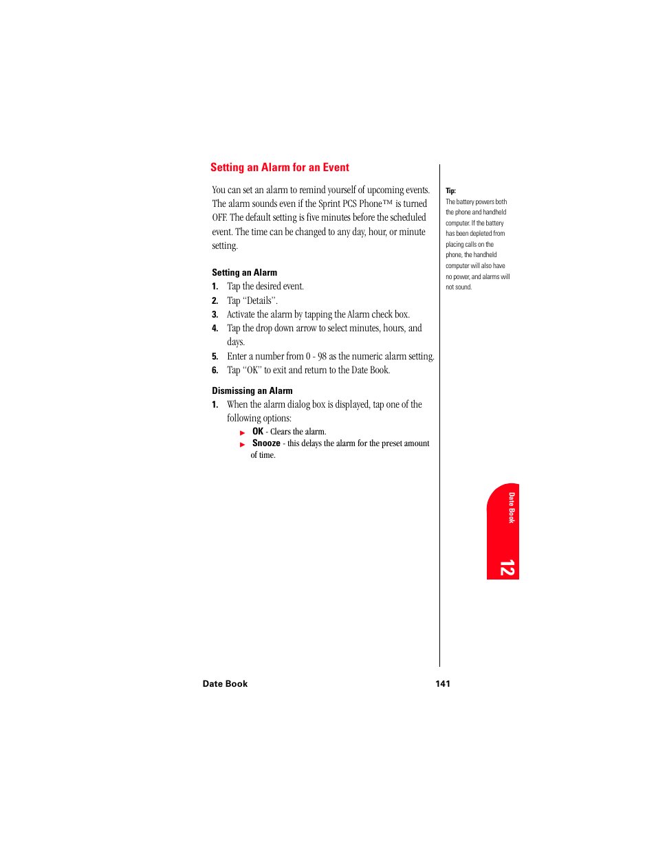 Setting an alarm for an event, Setting an alarm, Dismissing an alarm | Da 12 | Samsung 010505D5 User Manual | Page 142 / 307
