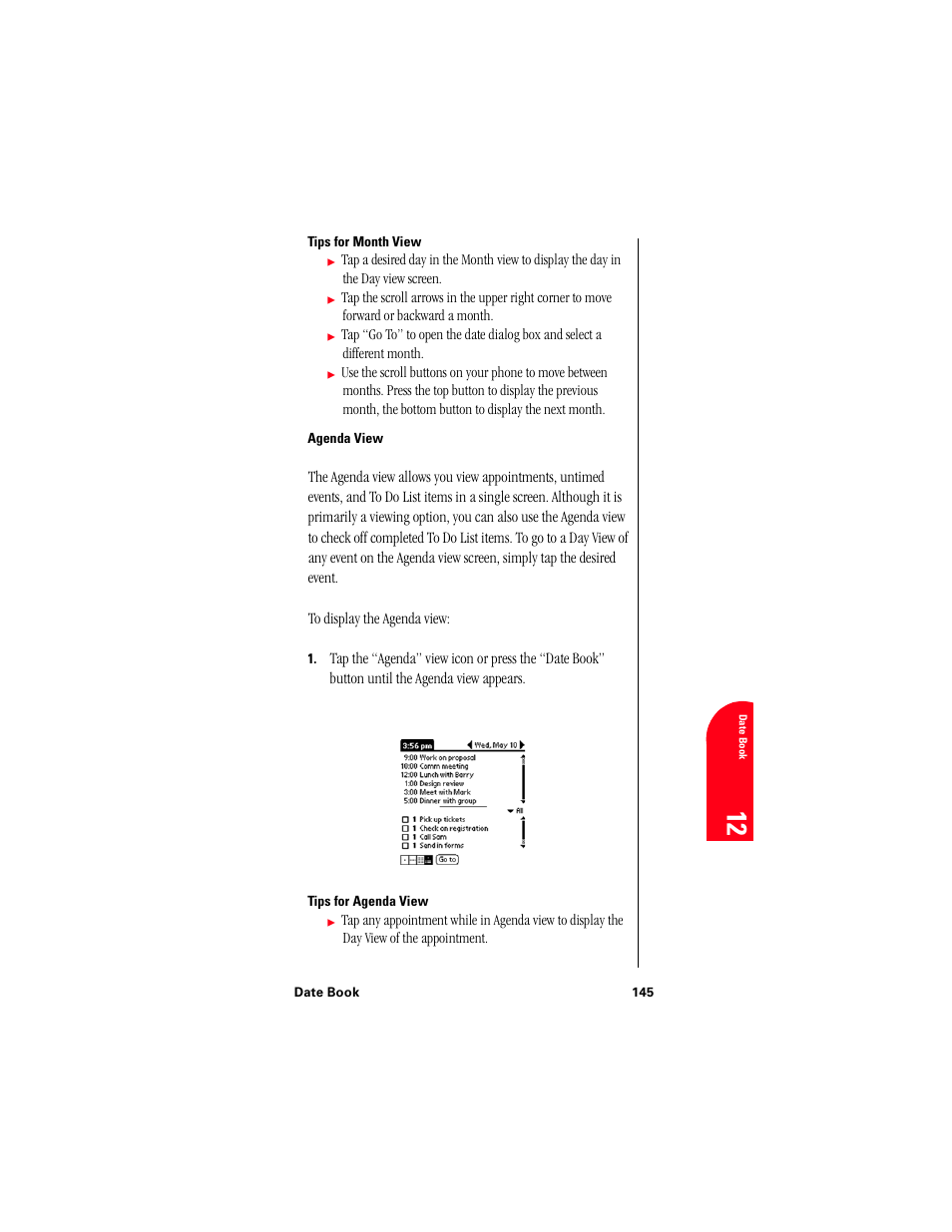 Tips for month view, Agenda view, Tips for agenda view | Da 12 | Samsung 010505D5 User Manual | Page 146 / 307