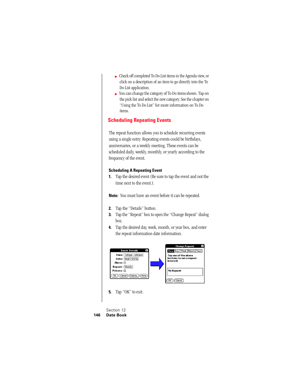 Scheduling repeating events, Scheduling a repeating event | Samsung 010505D5 User Manual | Page 147 / 307