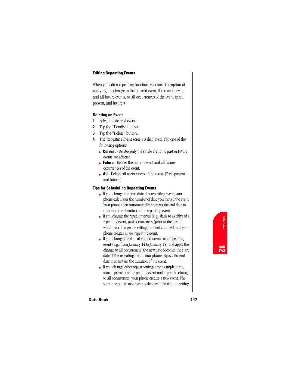 Editing repeating events, Deleting an event, Tips for scheduling repeating events | Da 12 | Samsung 010505D5 User Manual | Page 148 / 307