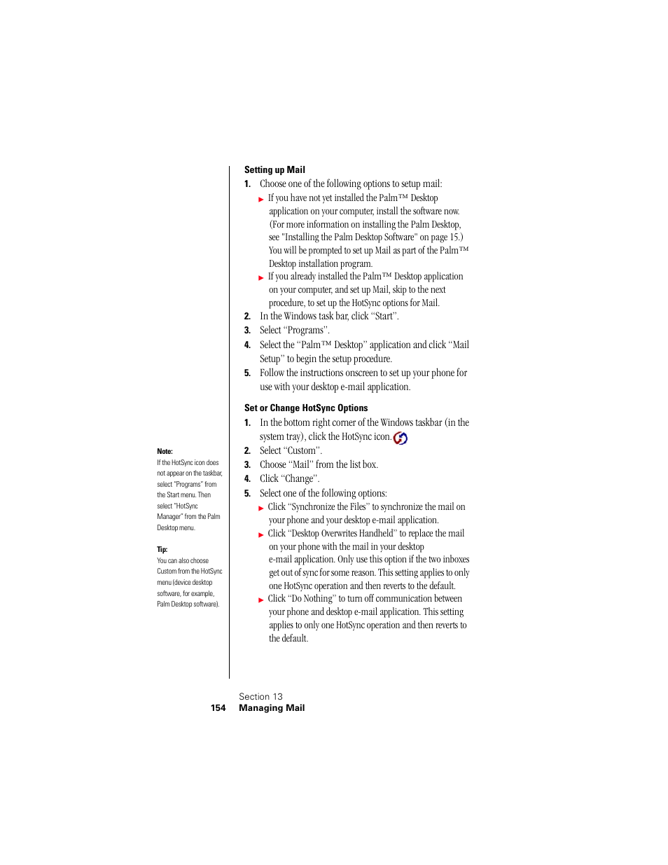 Setting up mail, Set or change hotsync options | Samsung 010505D5 User Manual | Page 155 / 307