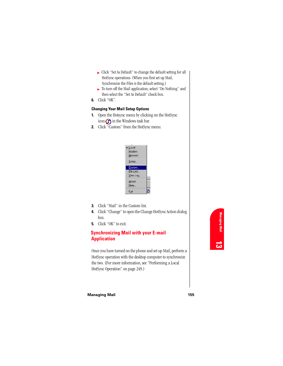 Changing your mail setup options, Synchronizing mail with your e-mail application | Samsung 010505D5 User Manual | Page 156 / 307