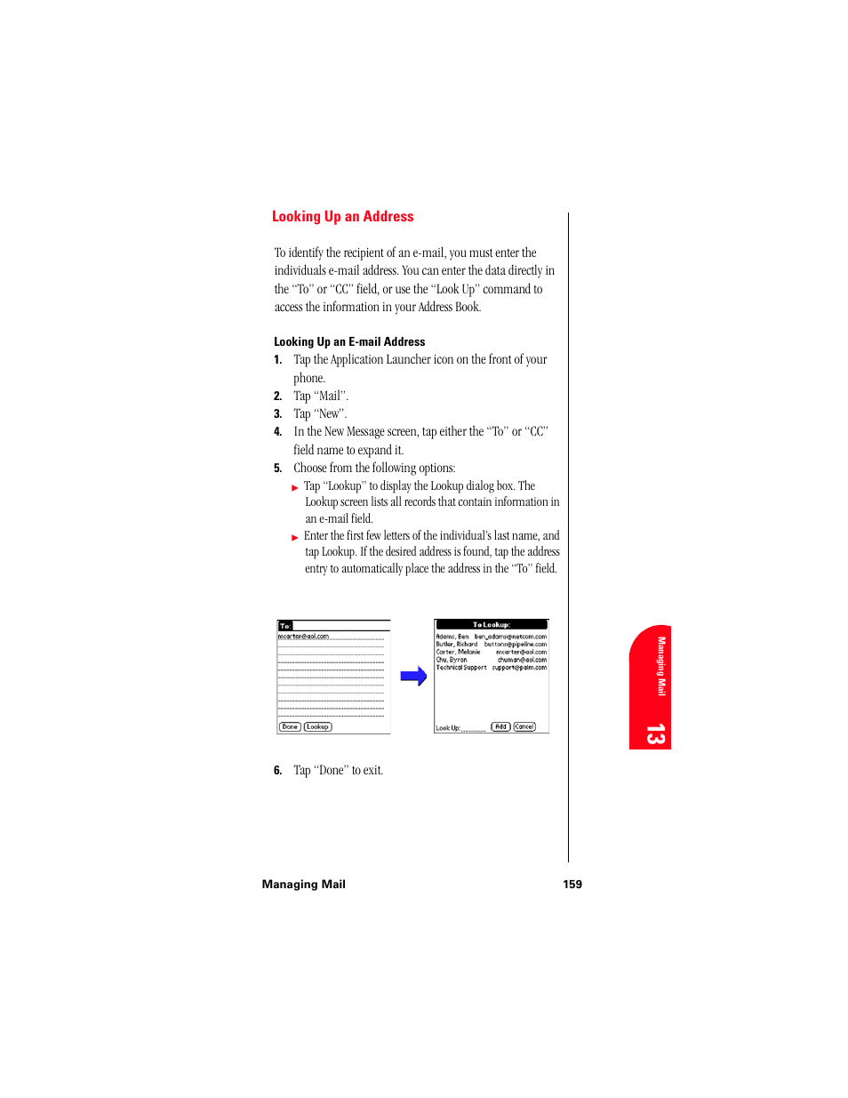 Looking up an address, Looking up an e-mail address | Samsung 010505D5 User Manual | Page 160 / 307