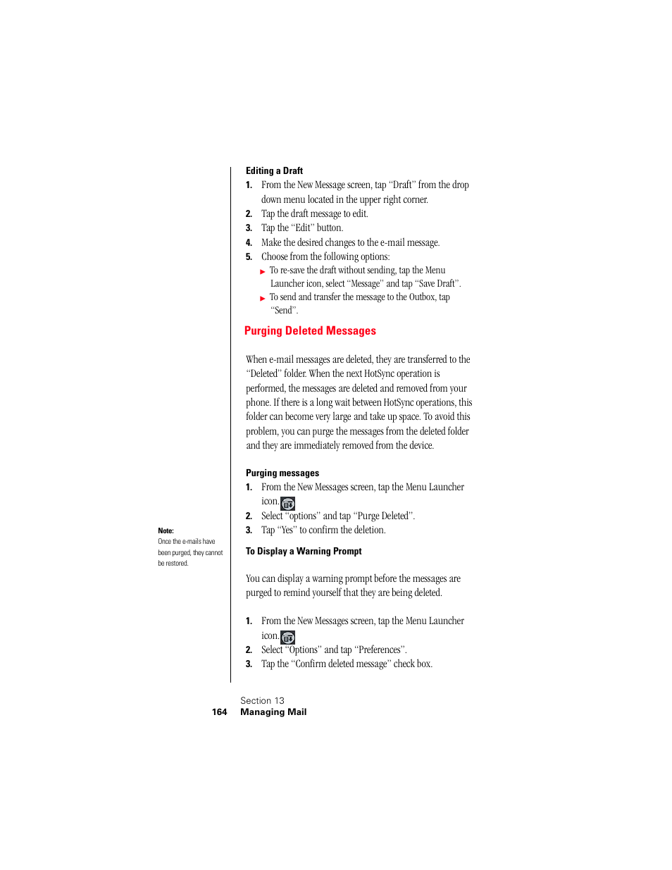 Editing a draft, Purging deleted messages, Purging messages | To display a warning prompt | Samsung 010505D5 User Manual | Page 165 / 307