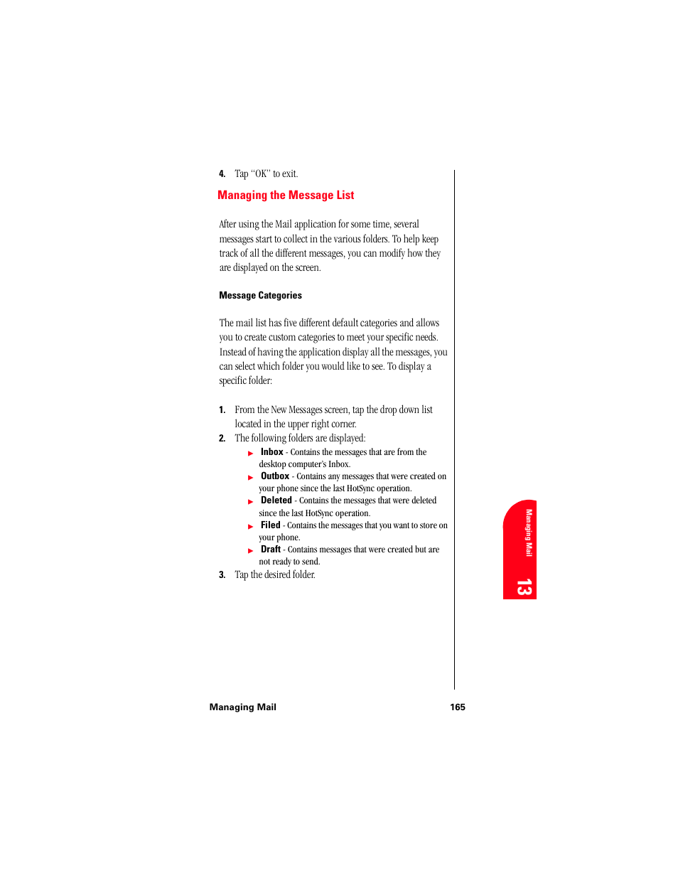 Managing the message list, Message categories | Samsung 010505D5 User Manual | Page 166 / 307