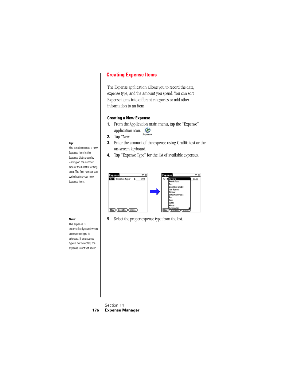 Creating expense items, Creating a new expense, Tap “new | Select the proper expense type from the list | Samsung 010505D5 User Manual | Page 177 / 307
