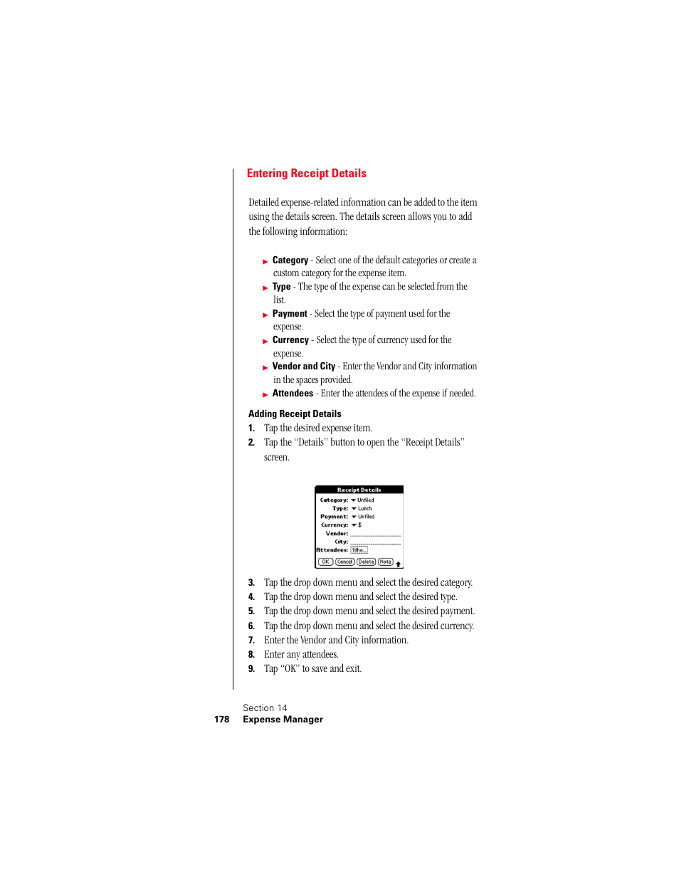 Entering receipt details, Adding receipt details | Samsung 010505D5 User Manual | Page 179 / 307