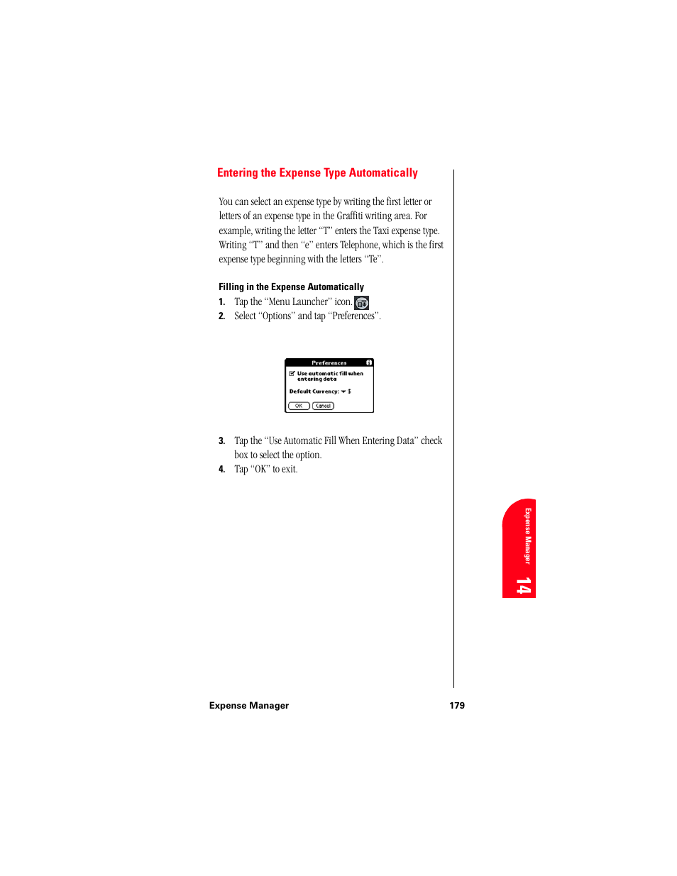 Entering the expense type automatically, Filling in the expense automatically, Ex 14 | Samsung 010505D5 User Manual | Page 180 / 307